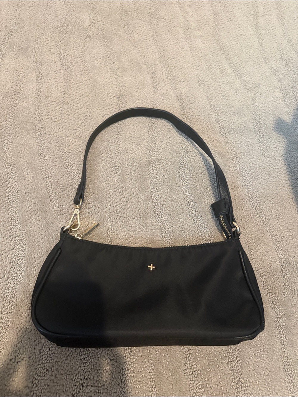Peta + Jain Black Shoulder Bag with Gold Accent. 2 pockets + 1 zipper inside